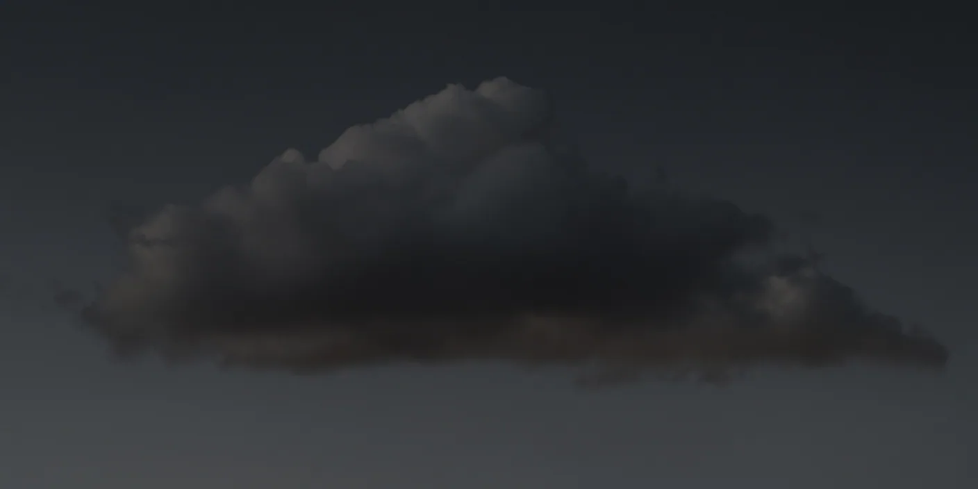 A single storm cloud photographed from a great distance at dusk, its interior lit from behind